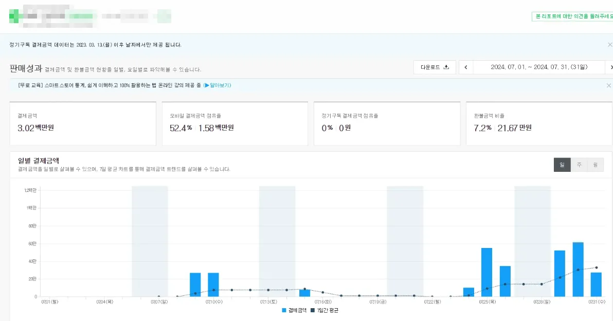 7월 매출 데이터 - 302만원 달성