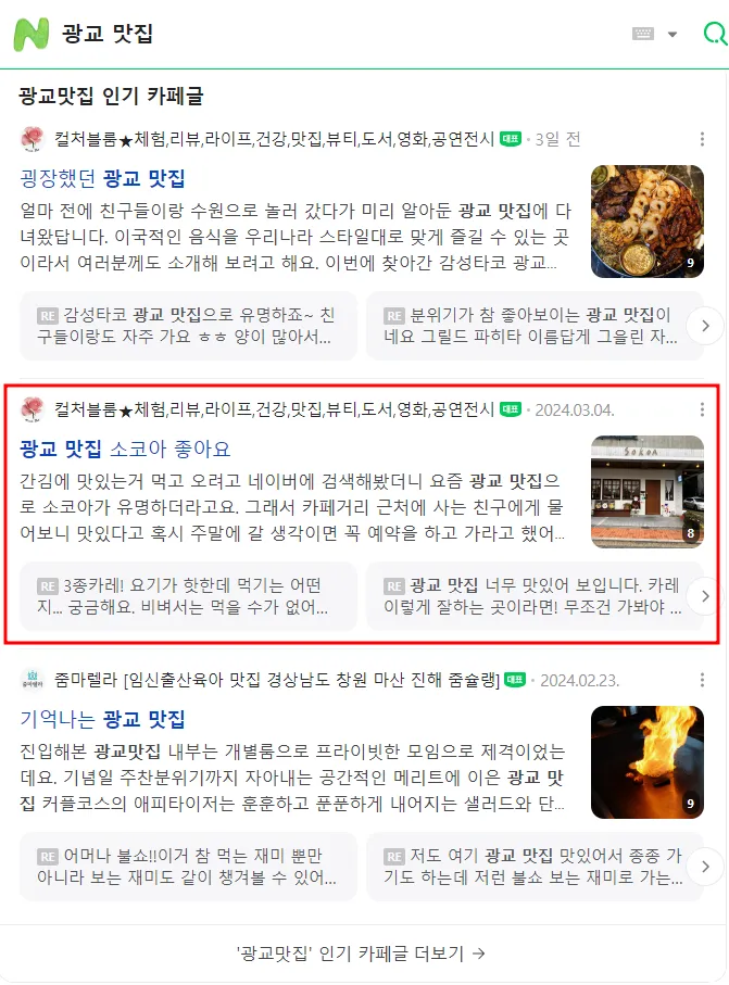 광교 맛집 검색 결과 - 소코아 상위 노출